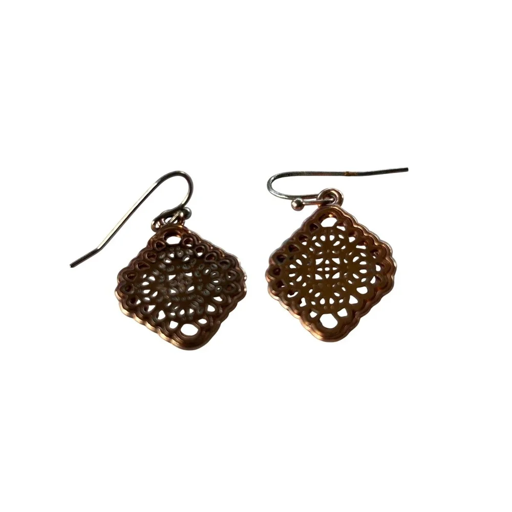Vintage Filigree Drop Earrings Copper Boho Ornate‎ Geometric Diamond